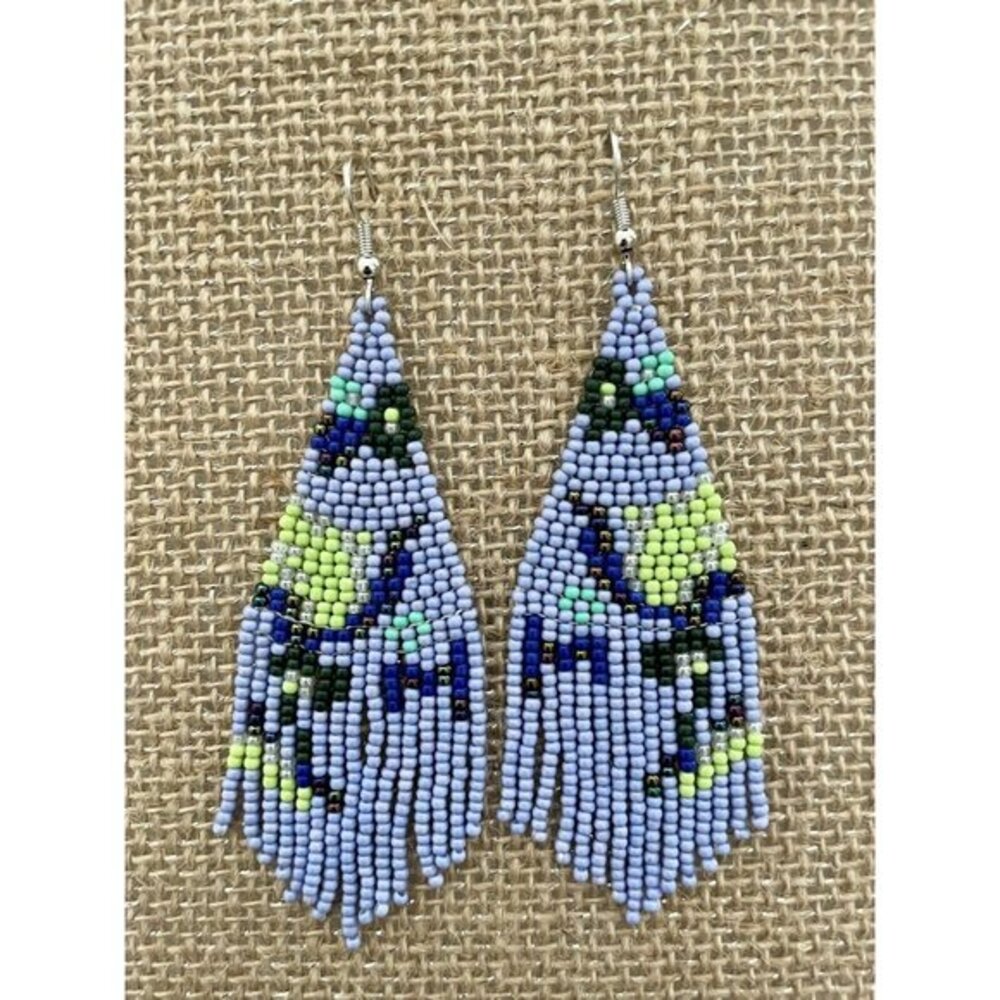 Handmade Miyuki Seed Bead Fringe Dangling Earrings Desert Blue Floral NWT